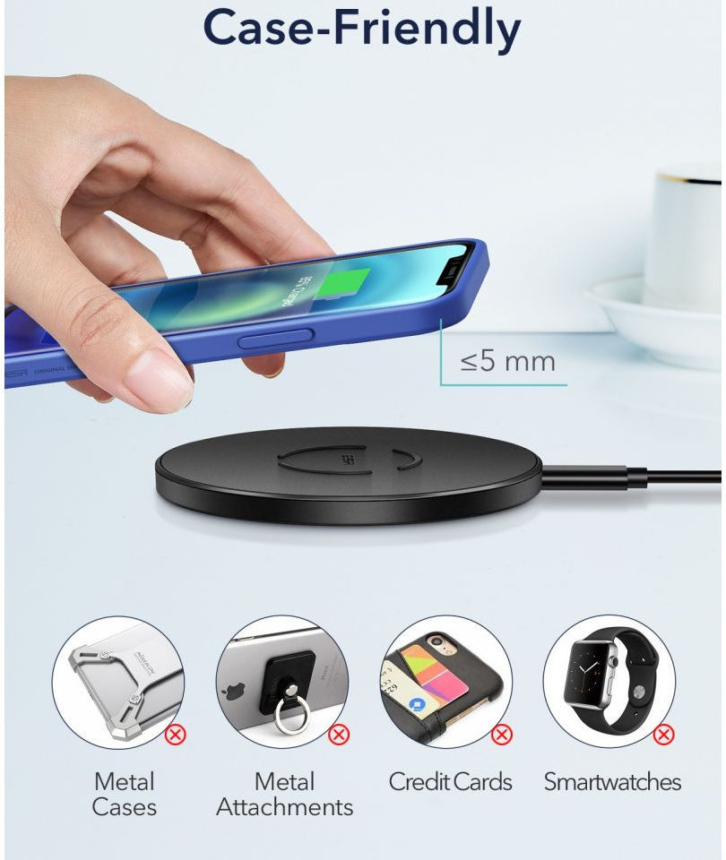 ESR Wireless Charger Pad 15W met USB naar USB-C Kabel 1M Zwart afbeelding 4
